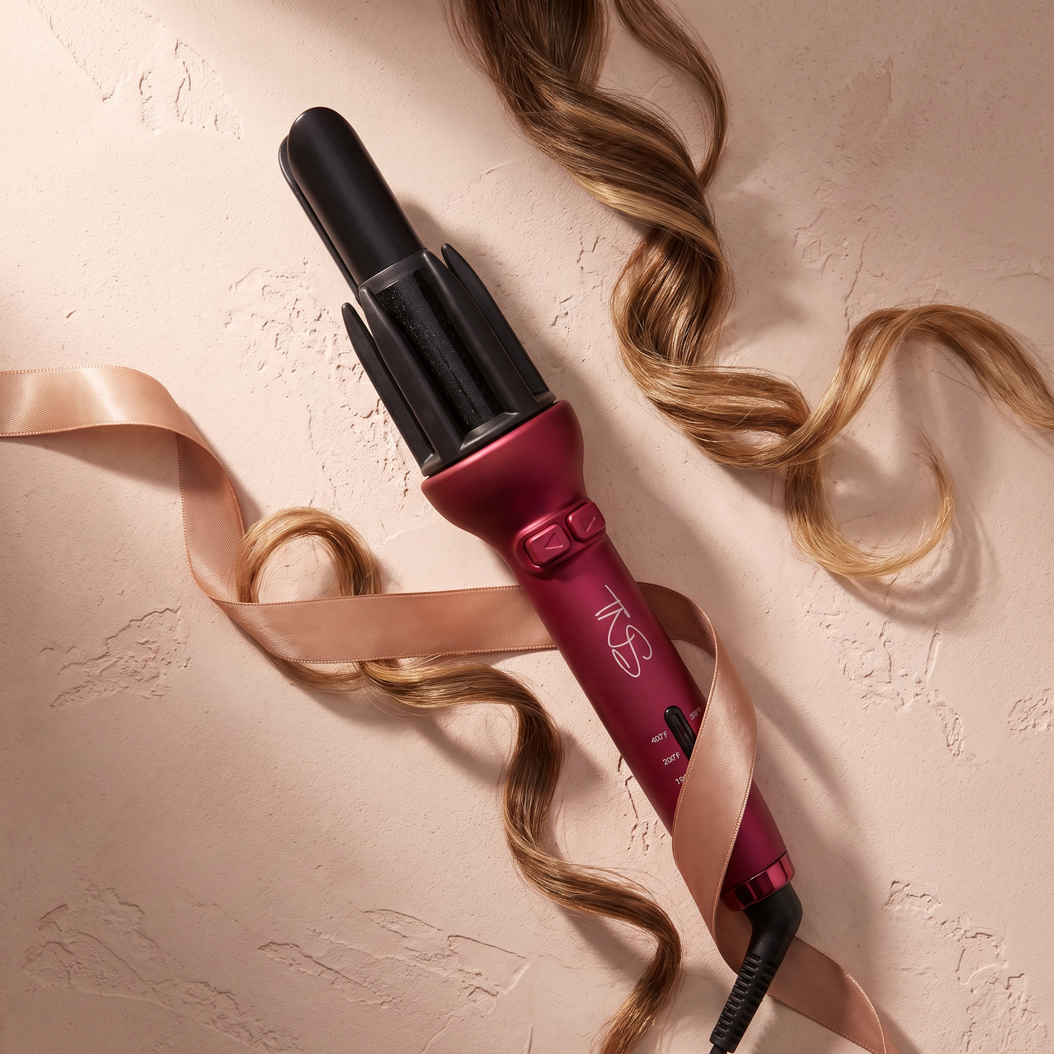 TNS Auto Curler styled in a premium editorial flat-lay