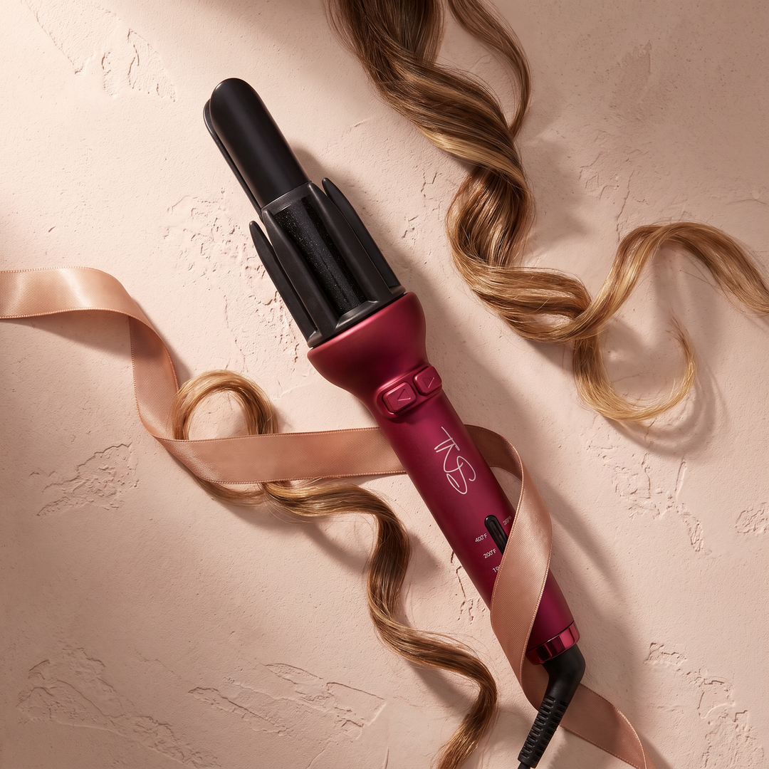 TNS Auto Curler styled flat-lay with loose curls
