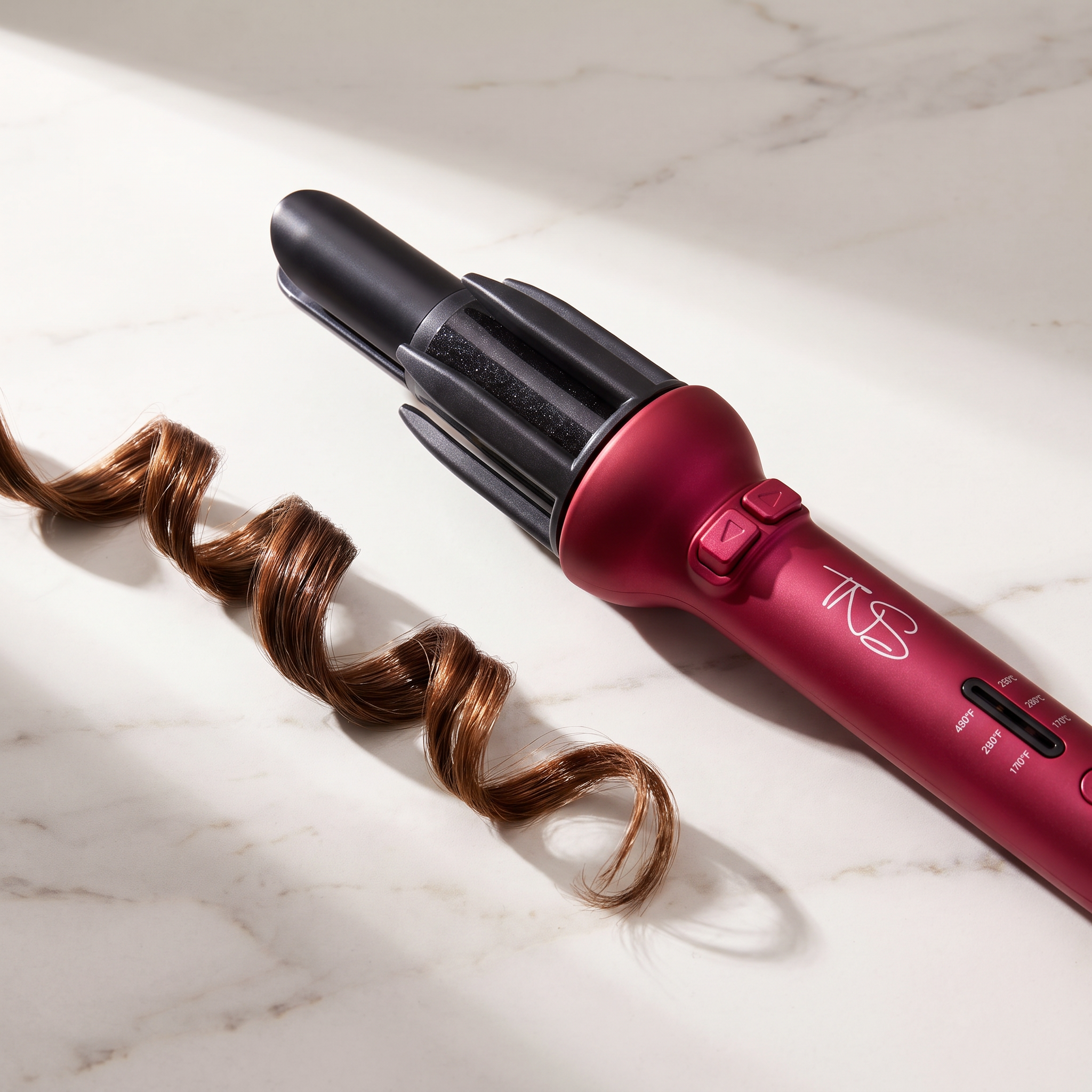 TNS Auto Curler on a marble vanity with glossy curls