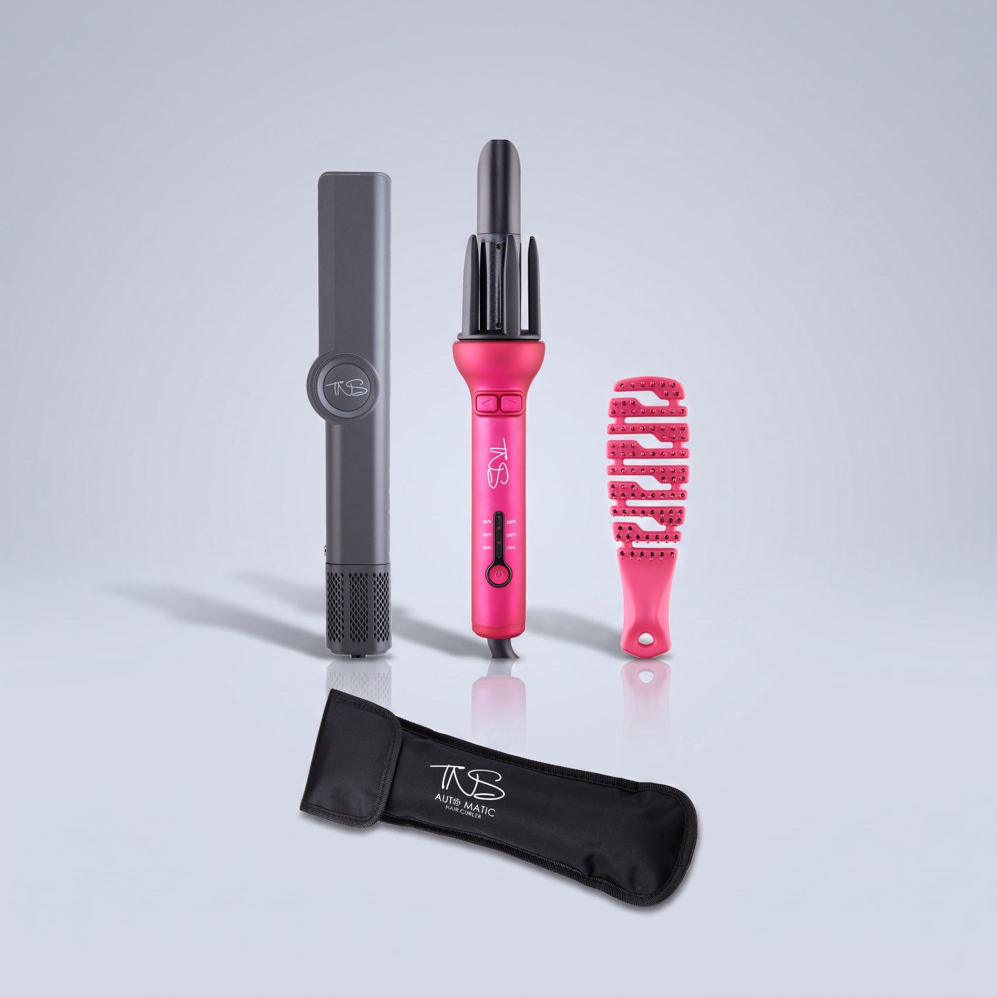 TNS Ultimate Curl & Smooth Set: SuperSilk, Auto Curler, MINI Flex brush and travel case studio group shot