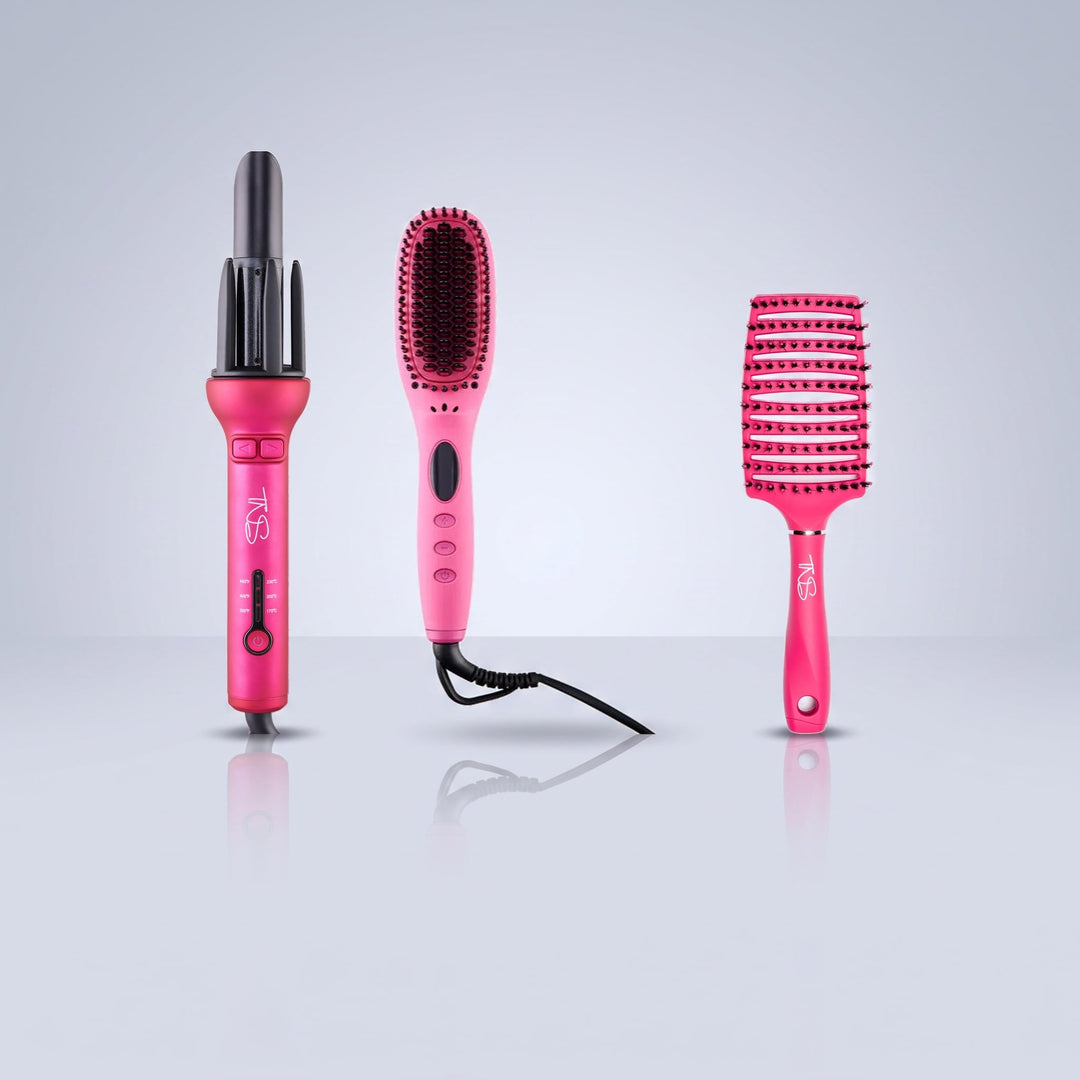 TNS Smooth & Curl Combo: Auto Curler, Straightening Brush and Flexi brush studio group shot