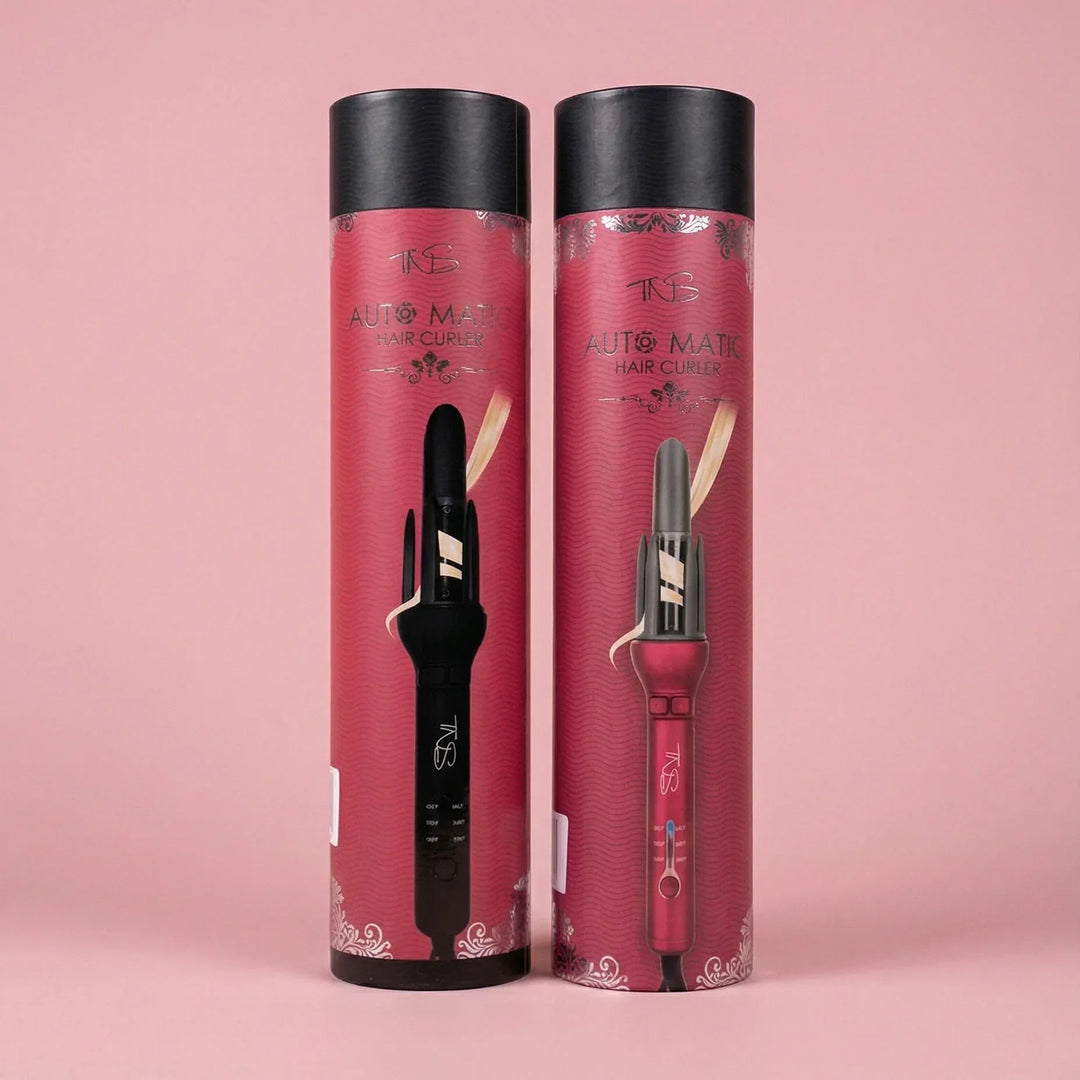 TNS Auto Curler gift packaging, two maroon presentation tubes
