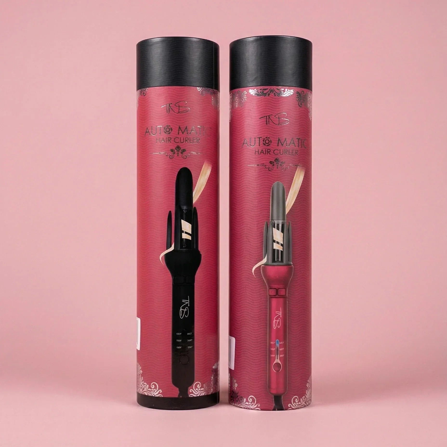 TNS Auto Curler gift packaging, two maroon presentation tubes