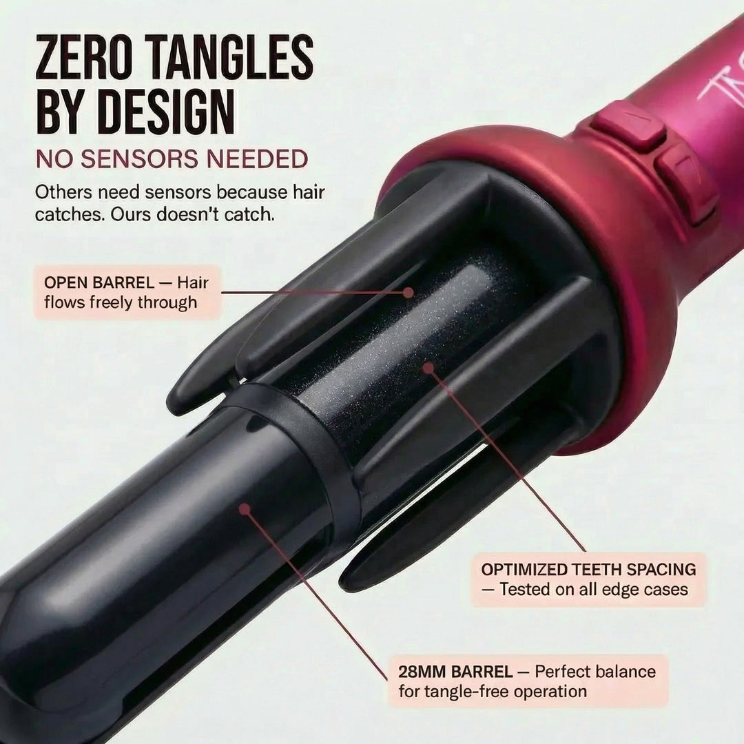 Open barrel and optimised teeth spacing of the TNS automatic hair curler