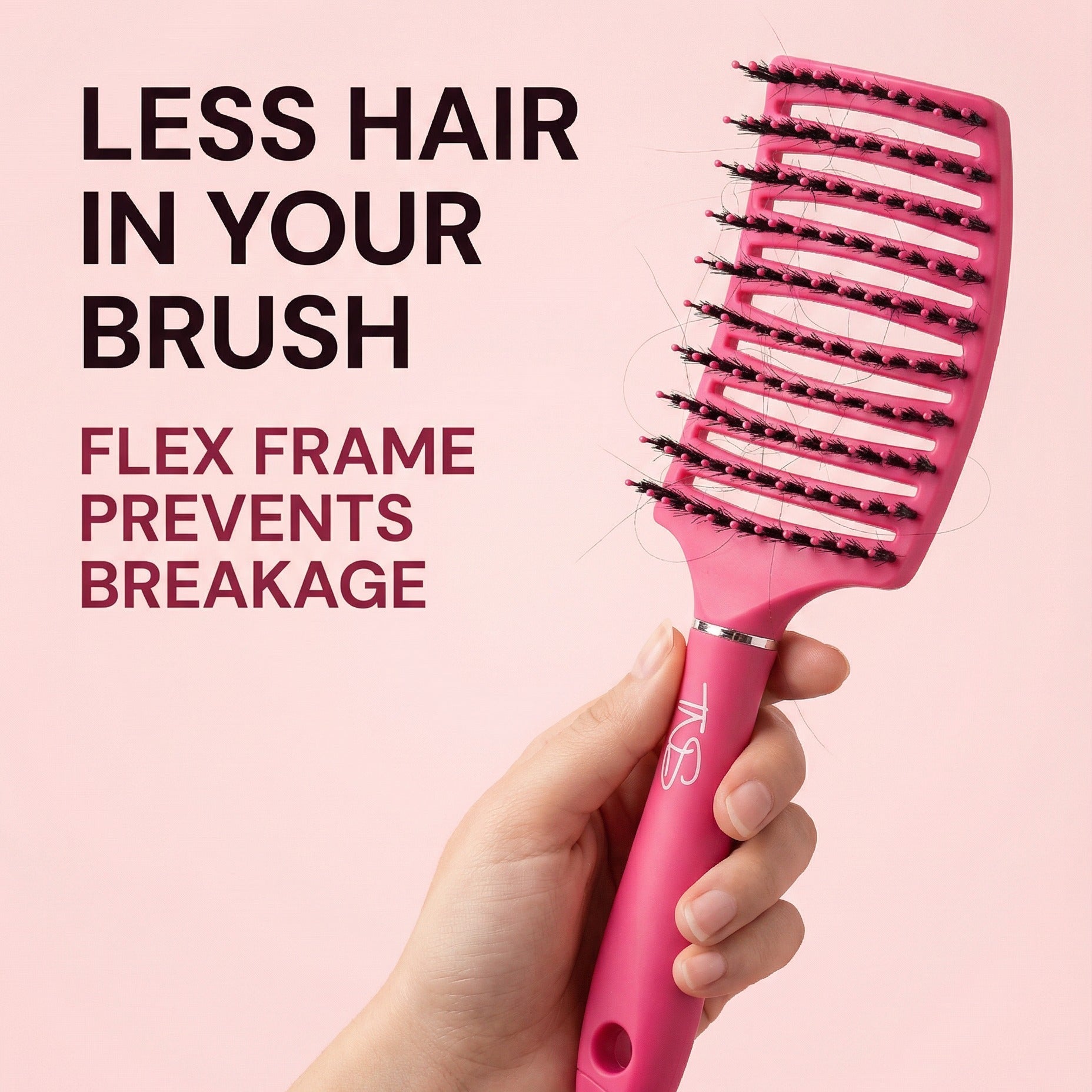 The TNS FLEXI flex-frame detangling brush leaves less hair pulled out while brushing