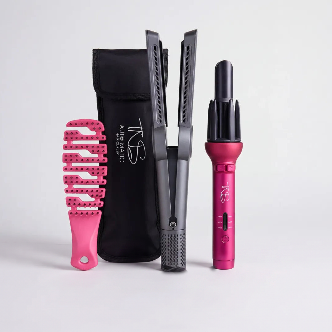 TNS Ultimate Curl & Smooth Set - Auto Curler in Maroon, SuperSilk, MINI Flex brush and heat pouch