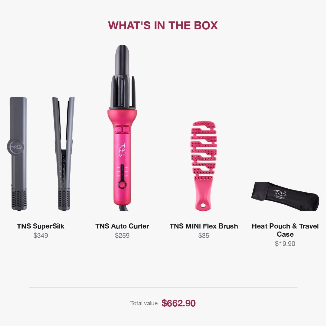 What's in the Ultimate Curl & Smooth Set - SuperSilk $349, Auto Curler $259, MINI Flex $35, Heat Pouch $19.90, total value $662.90