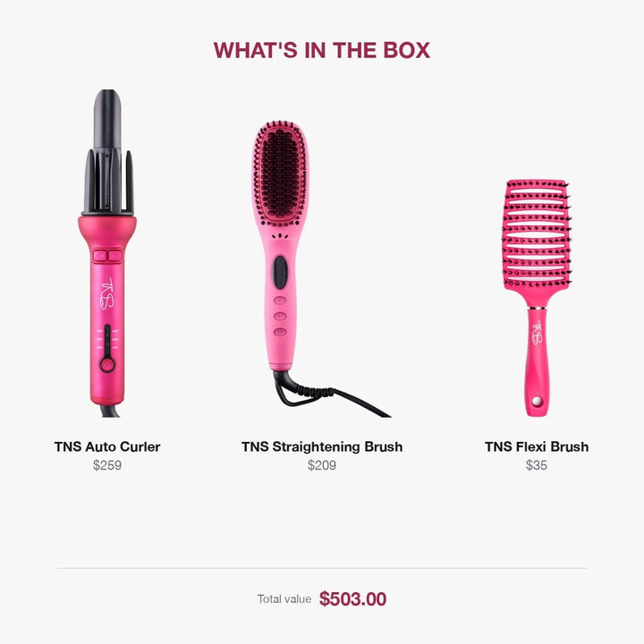 What's in the Smooth & Curl Combo - Auto Curler $259, Straightening Brush $209, Flexi Brush $35, total value $503