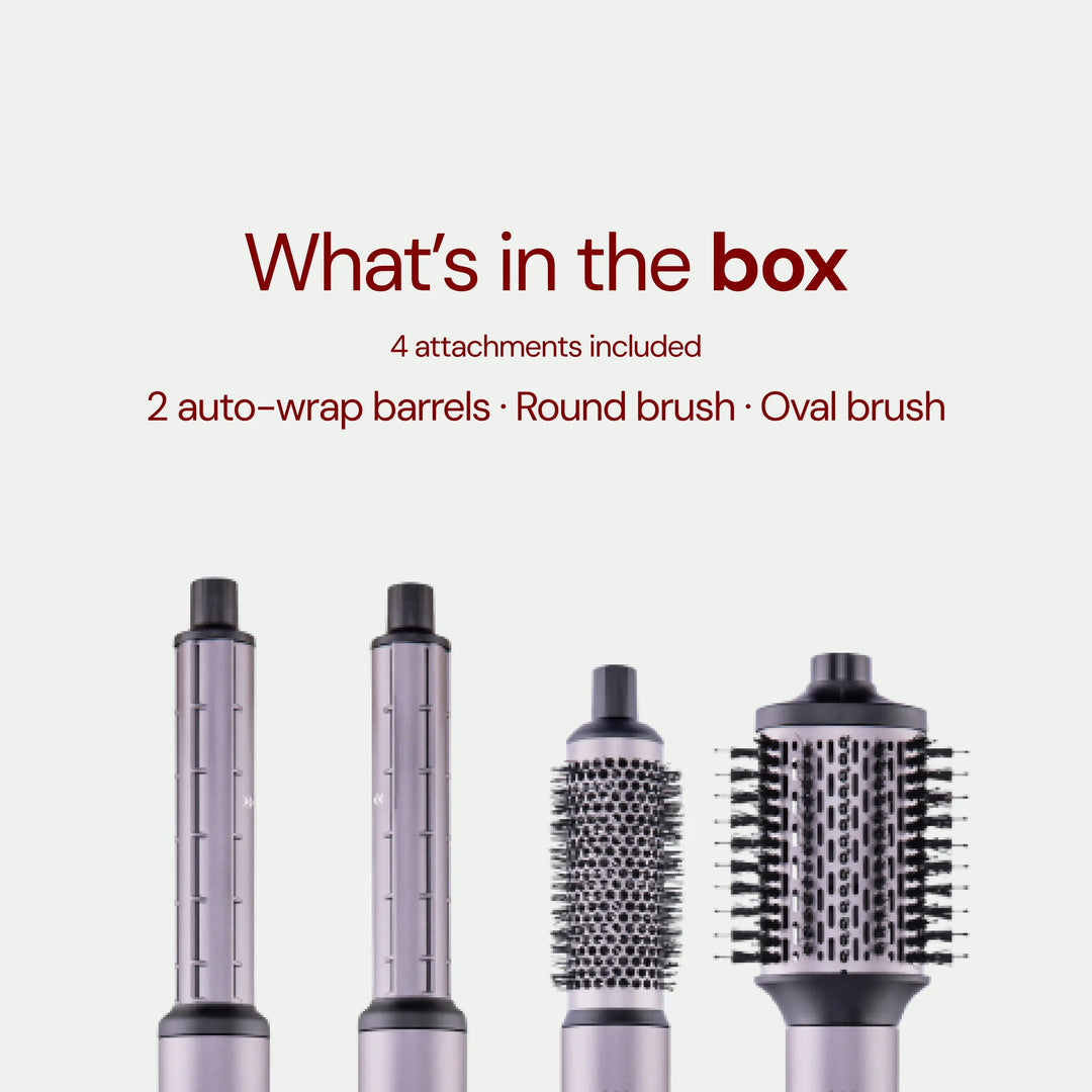 What's in the box - TNS SuperStyler with 4 attachments: 2 auto-wrap barrels, round brush and oval brush