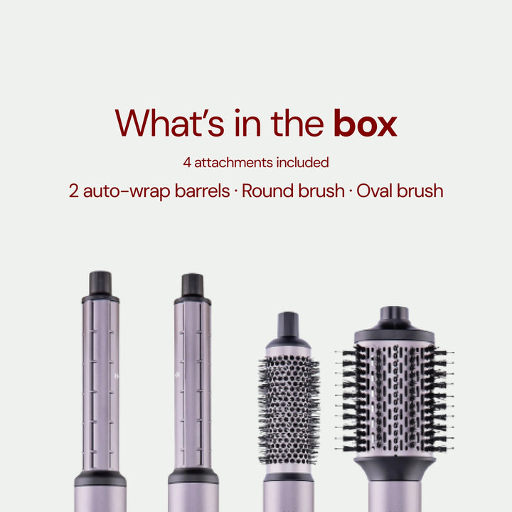 What's in the box - TNS SuperStyler with 4 attachments: 2 auto-wrap barrels, round brush and oval brush