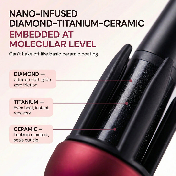 TNS Auto Curler barrel detail: nano-infused diamond-titanium-ceramic technology