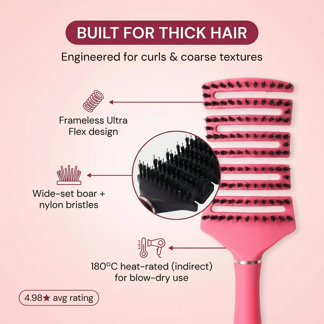 Built for thick hair: the free TNS Ultra Flexi brush with boar and nylon bristles, heat rated to 180 degrees