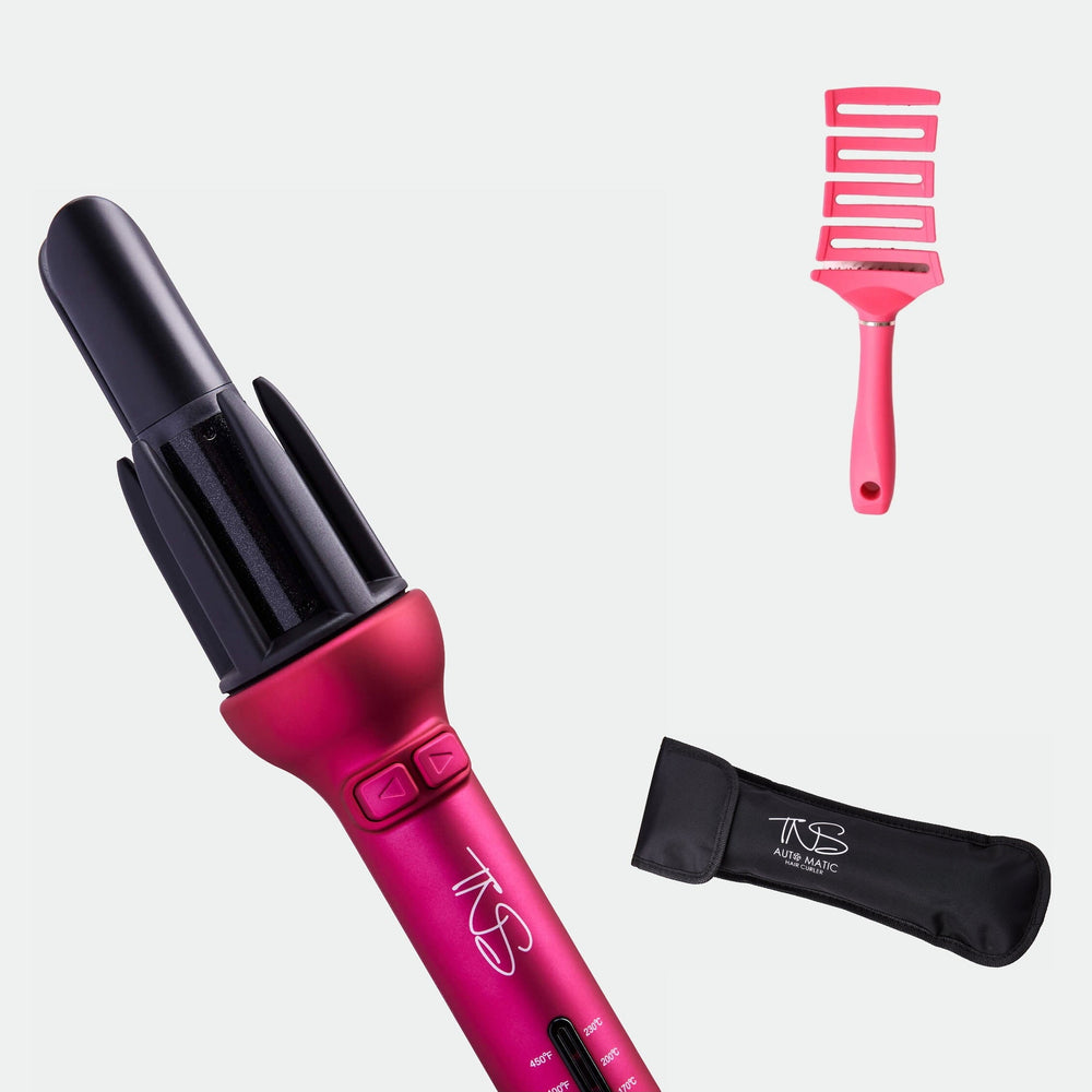 TNS Auto Curler offer bundle: the Auto Curler with its free heat-resistant travel case and free Ultra Flexi detangling brush