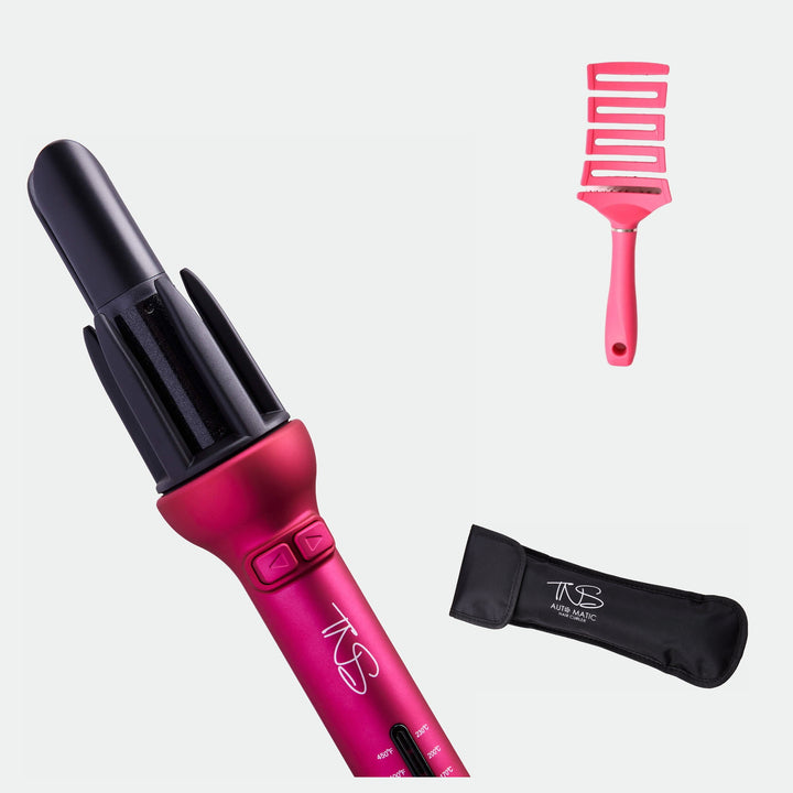 TNS Auto Curler offer bundle: the Auto Curler with its free heat-resistant travel case and free Ultra Flexi detangling brush